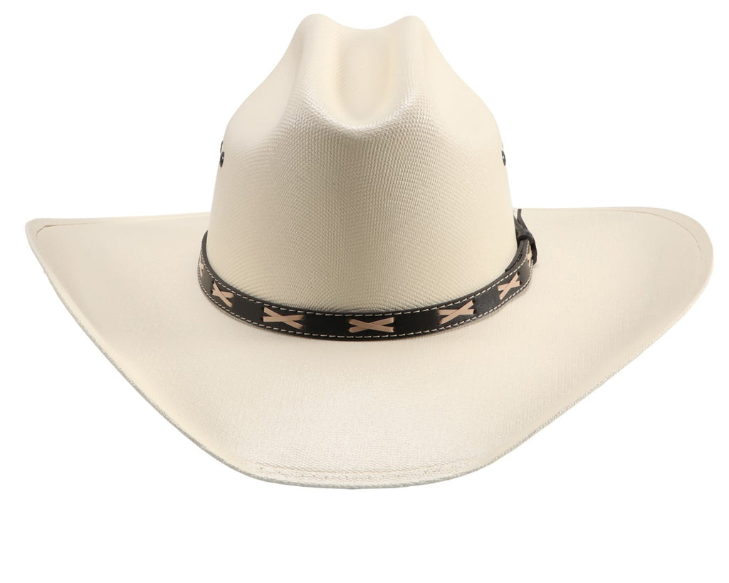 Gone Country Hats - Brad Bangora Straw Hat: A close-up image of a traditional cowboy hat with a 4-inch brim. The hat is made of straw material and has a painted canvas surface. It is designed for easy cleaning and maintenance. Ideal for oval or long oval head shapes. Perfect for outdoor work or as a stylish country music cowboy hat. Available at Greg Grant Saddlery.