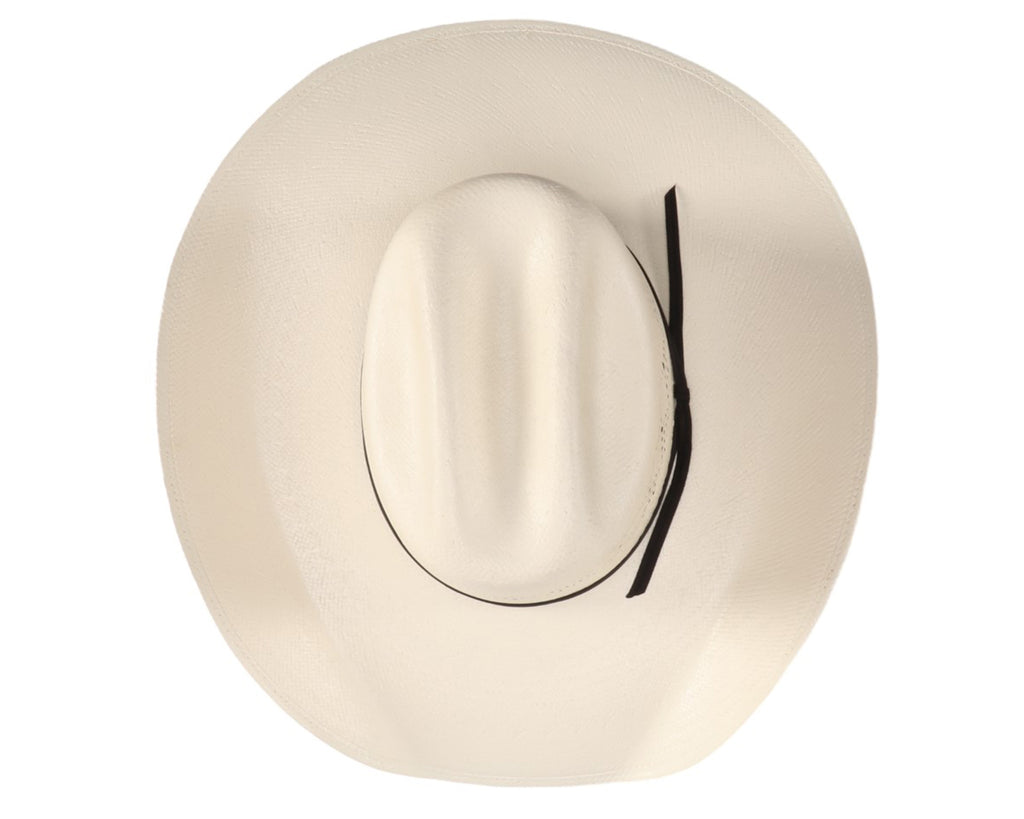 Gone Country Hats - Gillette Straw Hat: A close-up image of a creamy white shantung cowboy hat with a vented design. The hat has a lacquered surface and is water-resistant and UV-protective. It features a 4-inch brim and a 4-1/4 inch crown. The hat is made from premium 5bu Shantung straw and has a soft comfort fit sweatband. Available at Greg Grant Saddlery.