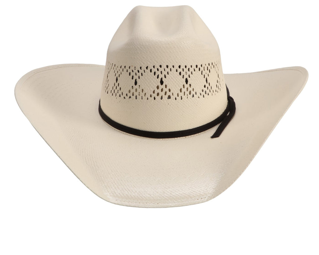 Gone Country Hats - Gillette Straw Hat: A close-up image of a creamy white shantung cowboy hat with a vented design. The hat has a lacquered surface and is water-resistant and UV-protective. It features a 4-inch brim and a 4-1/4 inch crown. The hat is made from premium 5bu Shantung straw and has a soft comfort fit sweatband. Available at Greg Grant Saddlery.