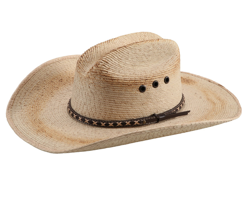 Gone Country Hats - Backroads Palm Leaf Hat: A close-up image of a palm leaf cowboy hat in natural straw color. The hat has a flexible brim and a soft flex sweatband for a comfortable fit. Suitable for all head shapes and available in size XXL (8). Ideal for keeping cool and dry with its moisture-wicking properties. Shop now at Greg Grant Saddlery.