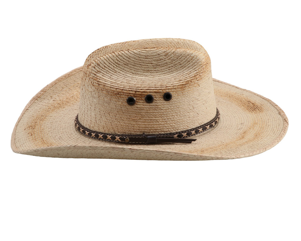 Gone Country Hats - Backroads Palm Leaf Hat: A close-up image of a palm leaf cowboy hat in natural straw color. The hat has a flexible brim and a soft flex sweatband for a comfortable fit. Suitable for all head shapes and available in size XXL (8). Ideal for keeping cool and dry with its moisture-wicking properties. Shop now at Greg Grant Saddlery.