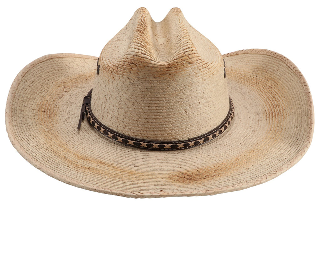 Gone Country Hats - Backroads Palm Leaf Hat: A close-up image of a palm leaf cowboy hat in natural straw color. The hat has a flexible brim and a soft flex sweatband for a comfortable fit. Suitable for all head shapes and available in size XXL (8). Ideal for keeping cool and dry with its moisture-wicking properties. Shop now at Greg Grant Saddlery.