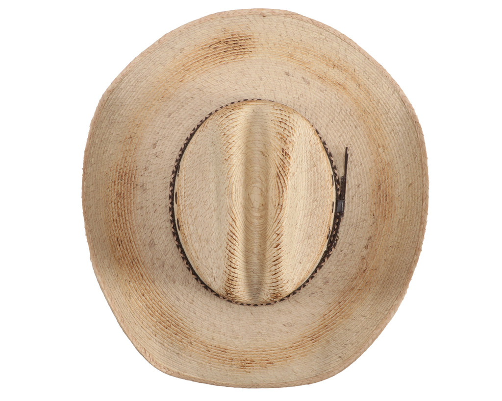 Gone Country Hats - Backroads Palm Leaf Hat: A close-up image of a palm leaf cowboy hat in natural straw color. The hat has a flexible brim and a soft flex sweatband for a comfortable fit. Suitable for all head shapes and available in size XXL (8). Ideal for keeping cool and dry with its moisture-wicking properties. Shop now at Greg Grant Saddlery.