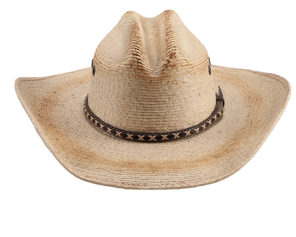 Gone Country Hats - Backroads Palm Leaf Hat: A close-up image of a palm leaf cowboy hat in natural straw color. The hat has a flexible brim and a soft flex sweatband for a comfortable fit. Suitable for all head shapes and available in size XXL (8). Ideal for keeping cool and dry with its moisture-wicking properties. Shop now at Greg Grant Saddlery.