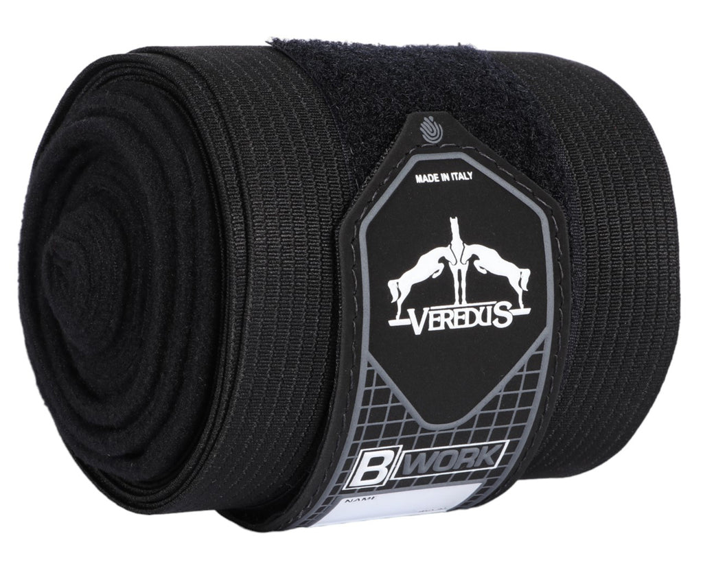 Black fleece and elastic fabric bandages Provides support to tendons and joints during work Length: 330 cm Suitable for horses in various disciplines Shop now at Greg Grant Saddlery