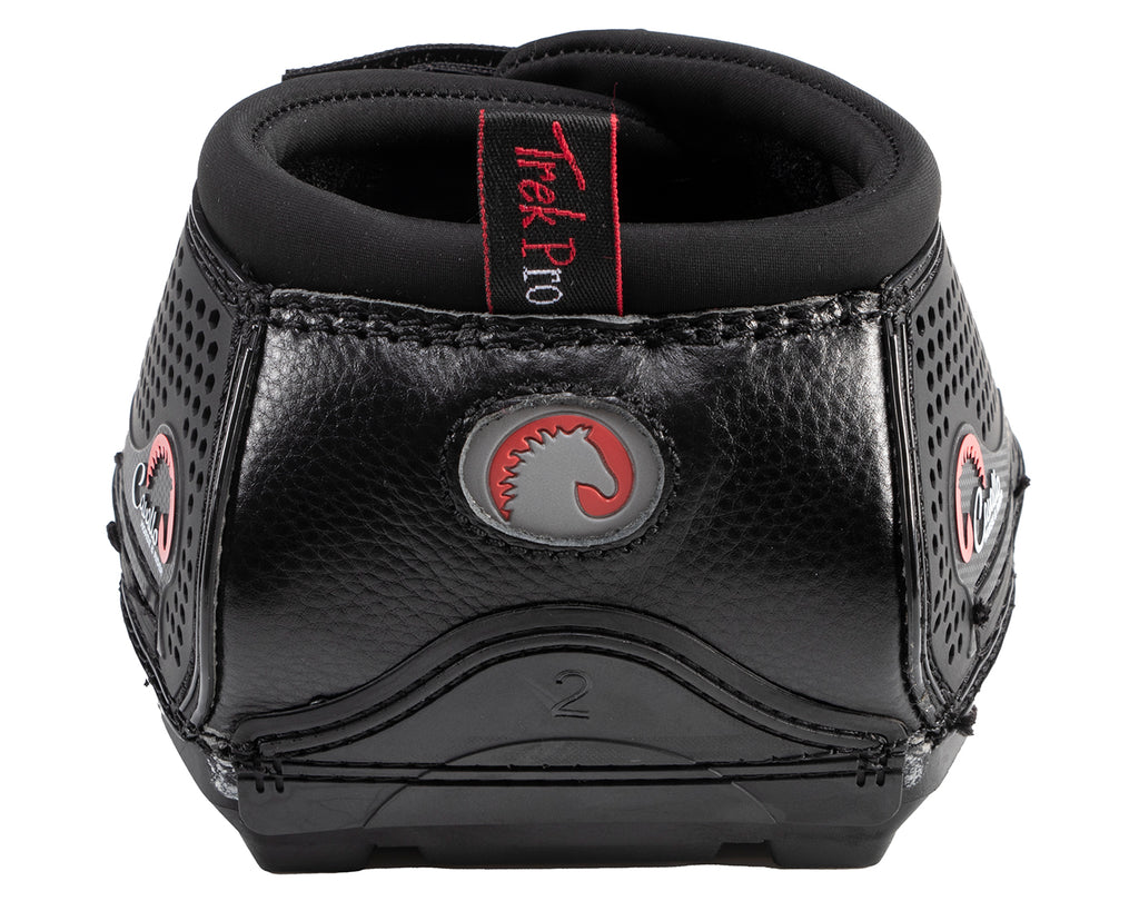 Cavallo Trek Pro Hoof Boot - A sleek black hoof boot with a fully molded upper. Designed for horses with round or almost round-shaped hooves. Lightweight, breathable, and abrasion-resistant. Features built-in side drainage slots to prevent clogging. Individually sold.
