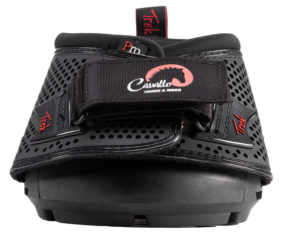 Cavallo Trek Pro Hoof Boot - A sleek black hoof boot with a fully molded upper. Designed for horses with round or almost round-shaped hooves. Lightweight, breathable, and abrasion-resistant. Features built-in side drainage slots to prevent clogging. Individually sold.