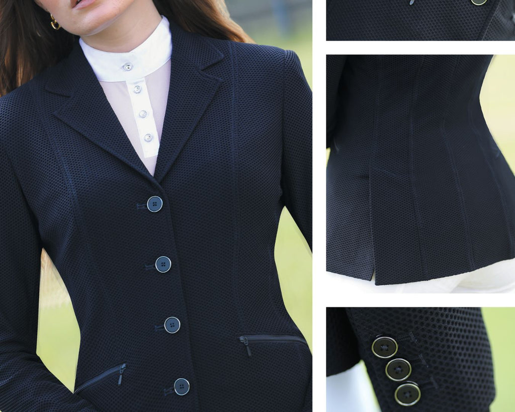 Huntington Nicky Kwik-Dry Ladies Riding Jacket - Lightweight and breathable waffle material with ventilated mesh lining. Available in Black and Navy. Shop at Greg Grant Saddlery.