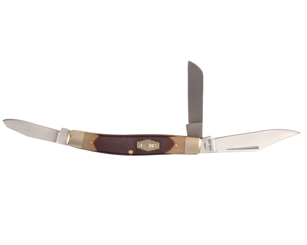  three blade pocket knife has a medium sheepfoot blade, a medium spey blade and a long clip blade with elongated nail nick for ease of use