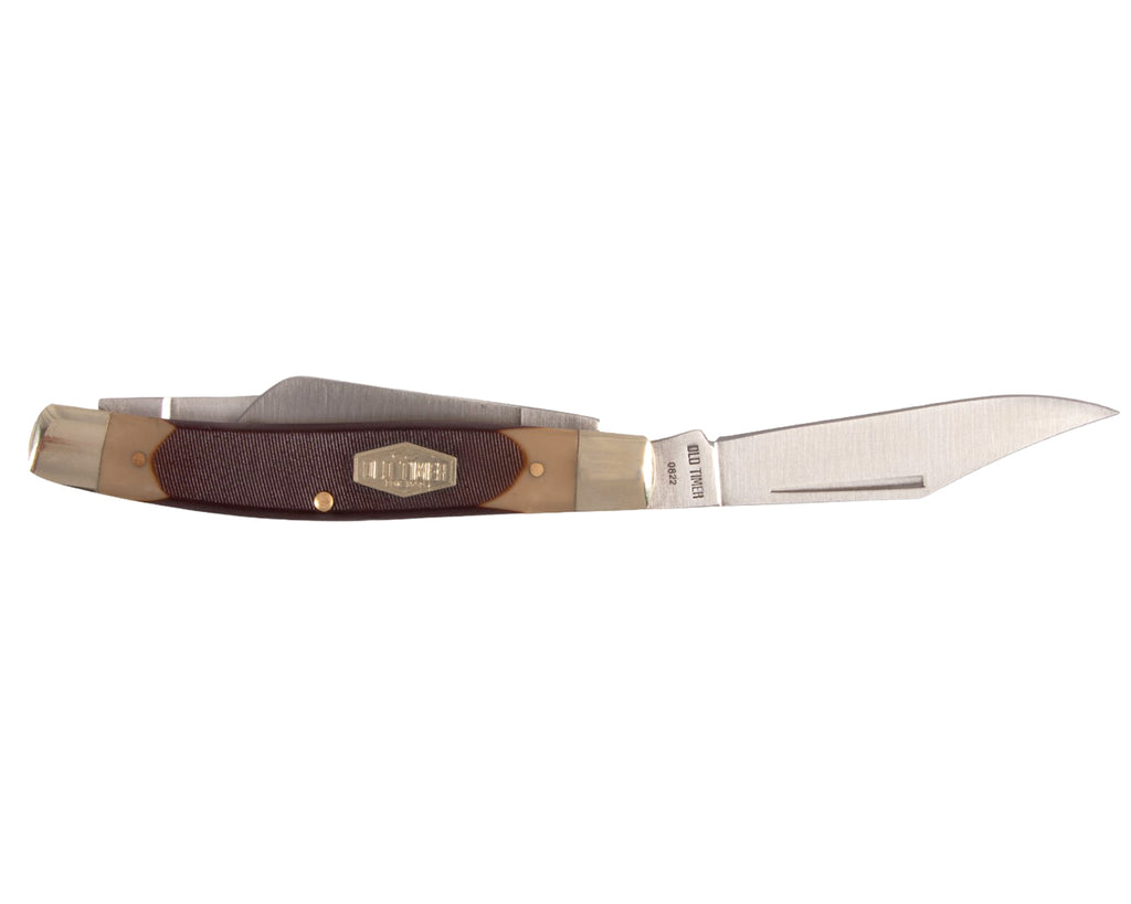  three blade pocket knife has a medium sheepfoot blade, a medium spey blade and a long clip blade with elongated nail nick for ease of use