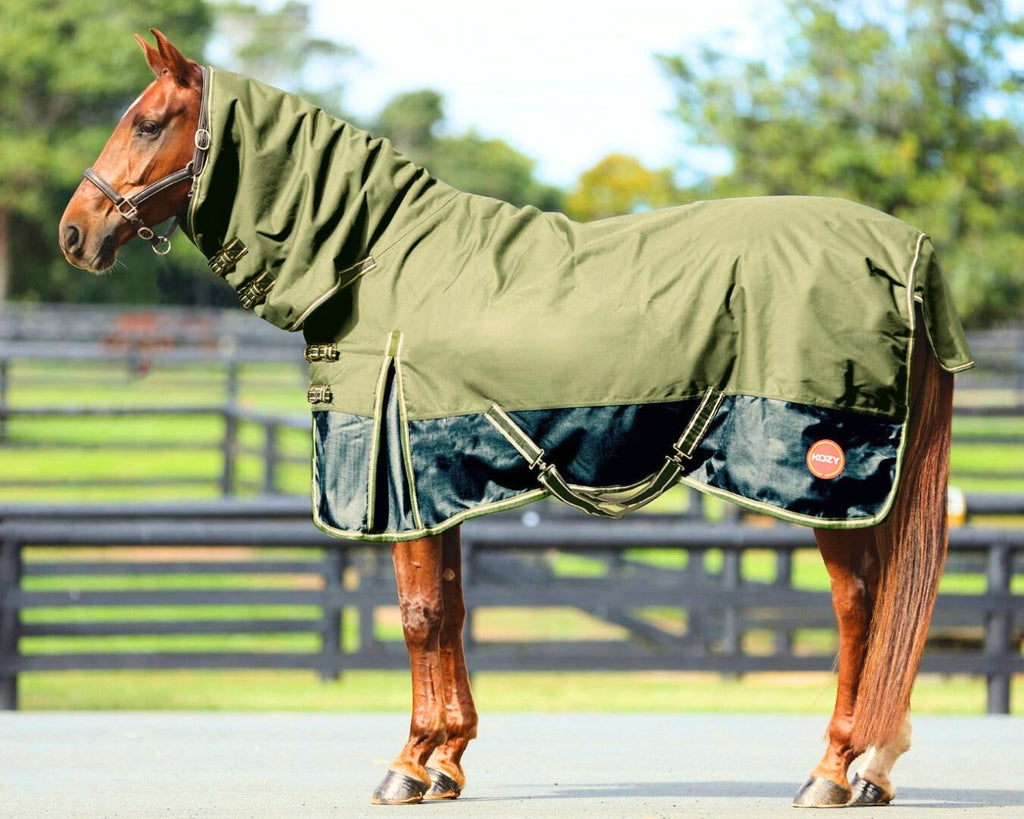 Kozy 1200D Combo - Teflon® technology for dirt and water repellency, 1200 denier ripstop outer, waterproof and breathable fabric, 200g polyfill. Quilted satin lining, double chest straps, removable leg straps, crossover surcingles. Shop at Greg Grant Saddlery.