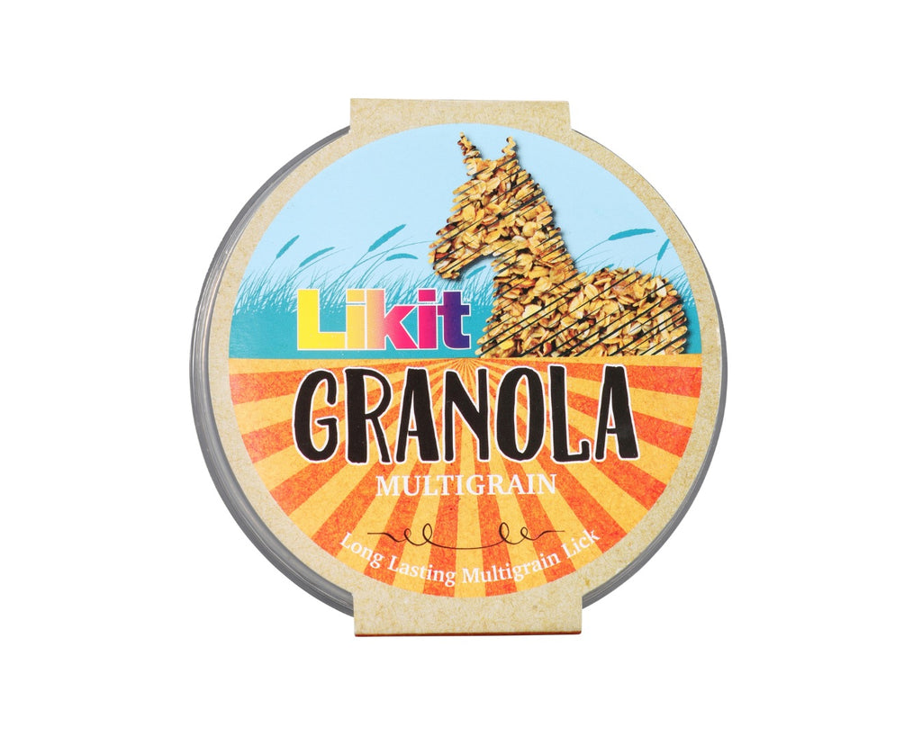 Likit Granola Horse Treat: Tasty berry-flavored lick with corn, grain, barley, and oat flakes. Designed for use with Likit Toys. 550g treat size.