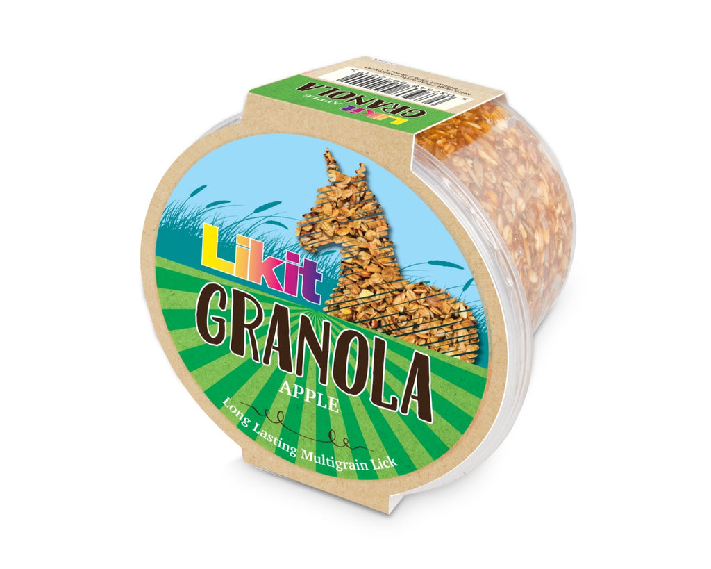 Likit Granola Horse Treat: Tasty berry-flavored lick with corn, grain, barley, and oat flakes. Designed for use with Likit Toys. 550g treat size. Apple flavour