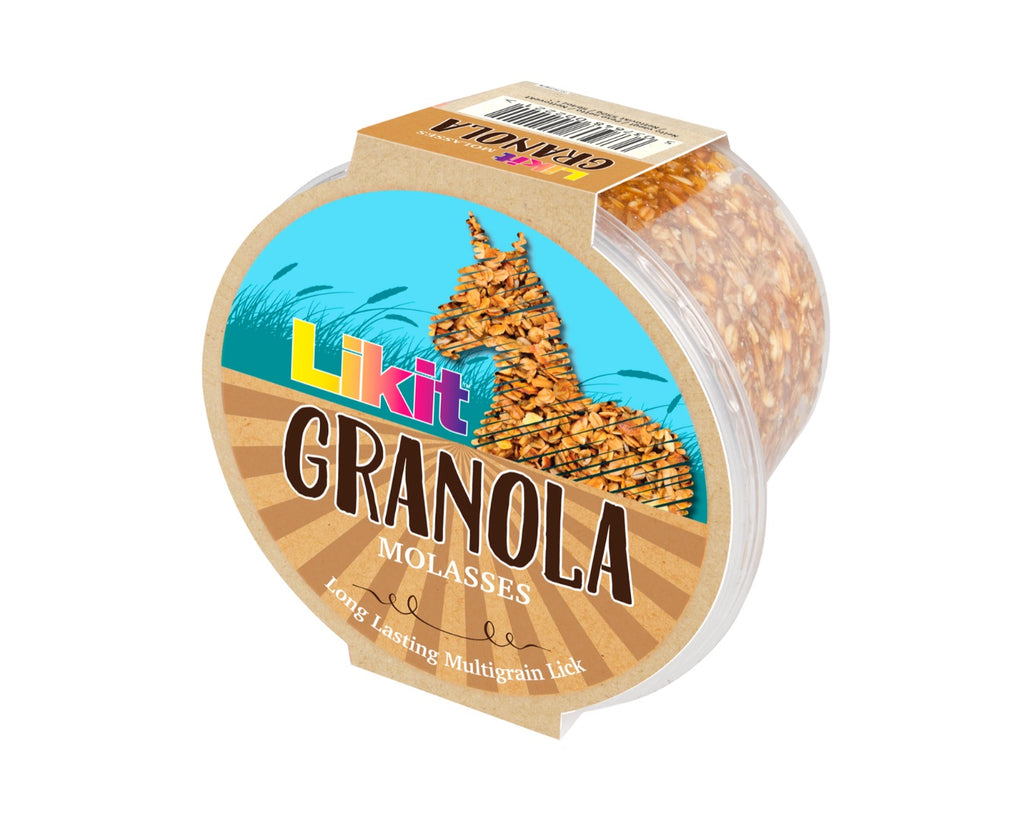Likit Granola Horse Treat: Tasty berry-flavored lick with corn, grain, barley, and oat flakes. Designed for use with Likit Toys. 550g treat size. Molasses flavour