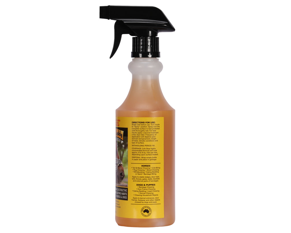Lyddy's Crib Stop Spray 500mL with a Spray on formula that prevents destructive chewing and biting habits of horses and dogs.