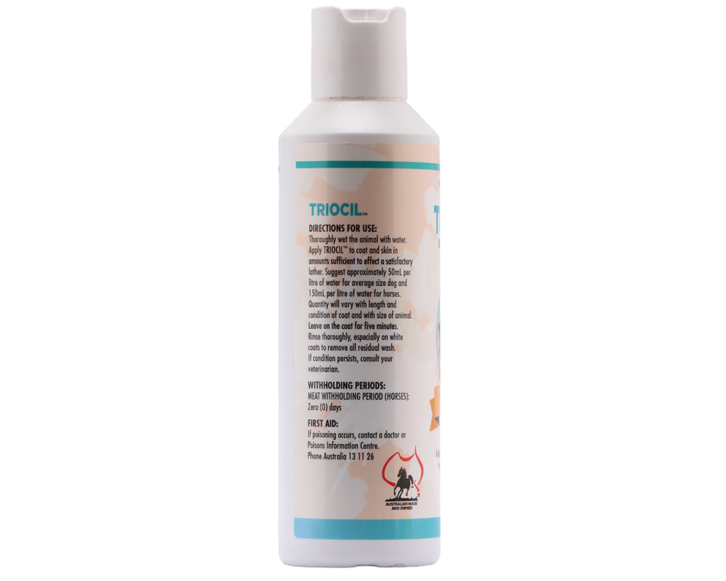 Pharma Triocil 250mL used for bacterial infections, fungal infections, cuts, abrasions, wounds, dandruff, itching and more in horses, dogs, and cats 