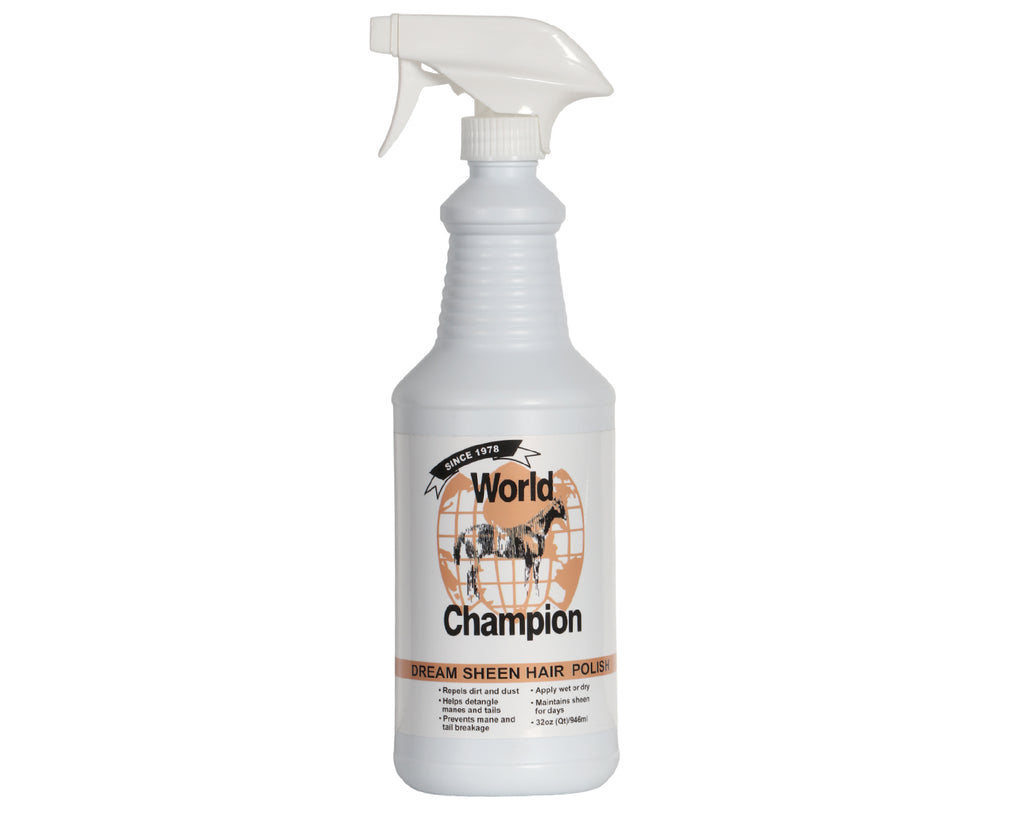 World Champion Pepi Dream Sheen Hair Polish 946mL - Dream Sheen is a high-tech grooming product formulated to bring a lustrous sheen to your horse’s hair while leaving manes and tails soft, manageable and tangle free