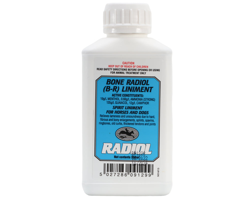 Bone Radiol (BR) Liniment 250ml - extra strong spirit embrocation for hard, fibrous and bony enlargements - splints, spavins, ringbones, old curbs, thickened tendons and joints