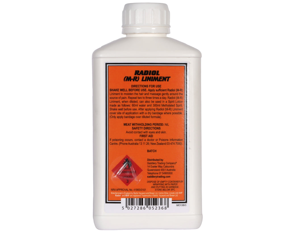 Radiol Liniment (MR) 500ml with Methol, Camphor oil, Camphor & Propan-2-OL for minor soft swellings in horses, ponies and dogs