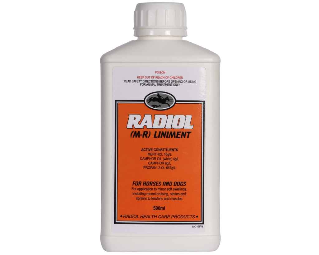 Radiol Liniment (MR) 500ml used for minor soft swellings, including recent bruising, strains and sprains to tendons and muscles in horses and dogs