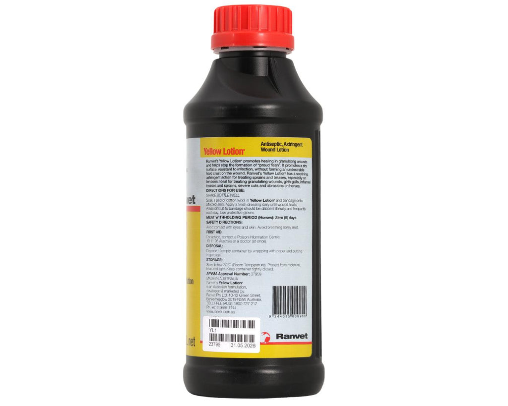 Ranvet Yellow Lotion 1L Bottle, image showing label on reverse side of bottle