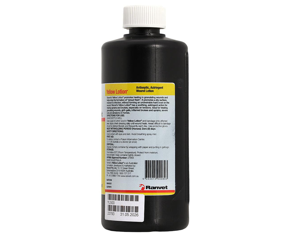 Ranvet Yellow Lotion 500mL Bottle, image showing label on reverse side of bottle
