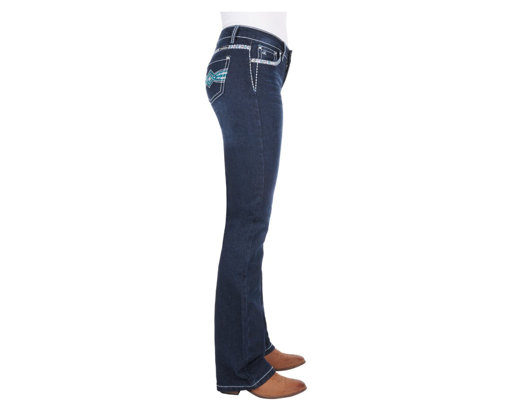 Pure Western Indiana Relaxed Fit Jean featuring embroidery on back pockets, back yoke and front scoop pockets