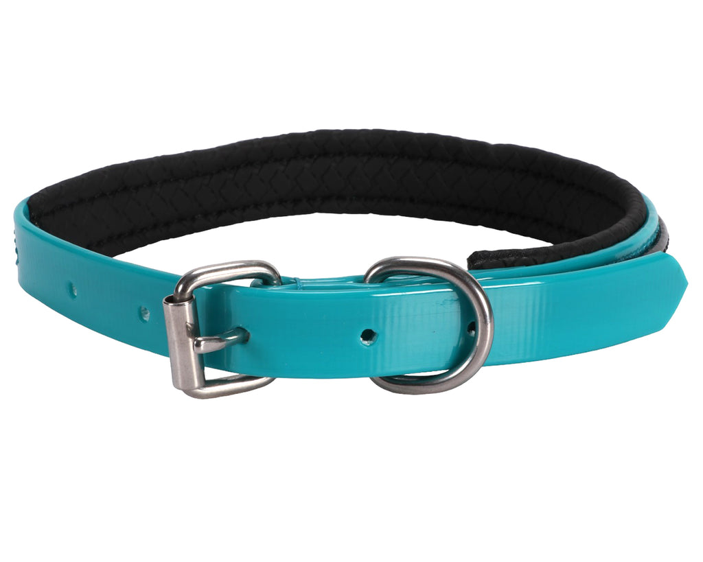  Horse Sense Two Tone Dog Collar. The collar features a combination of PVC coating and polyester webbing, creating a stylish two-tone design. The collar is available in various vibrant colors, with a glossy finish that adds to its visual appeal. It is equipped with sturdy metal hardware, including a buckle for closure and an adjustable strap for a customized fit. The collar is designed to be durable and easy to clean, with a wipeable surface that resists dirt and stains.