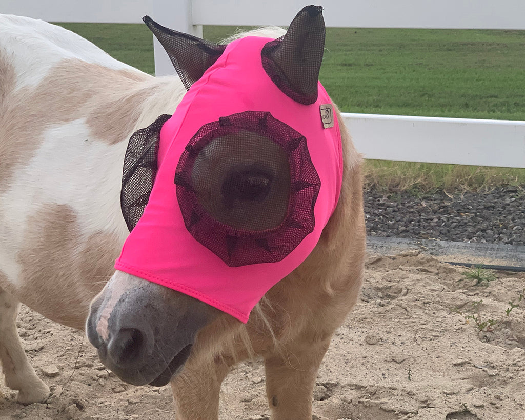 Front view of Piccolo Mini Pony Lycra Pull-On Fly Mask, pink colour