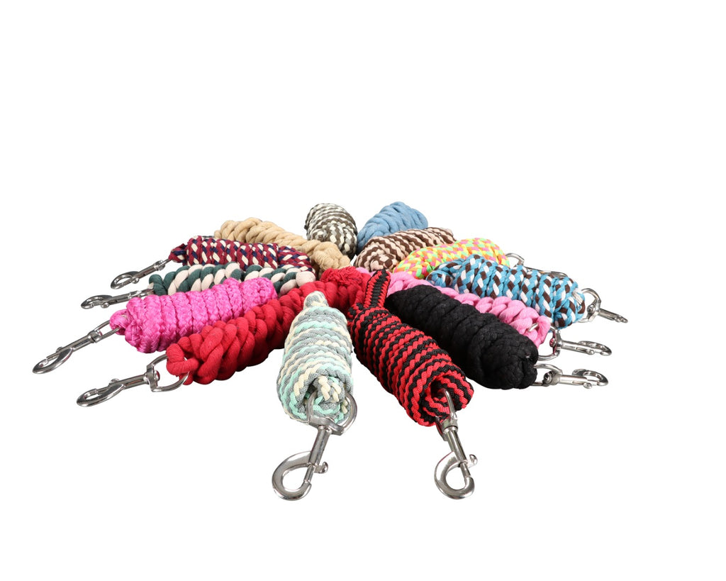 Assorted Colored 3/4" Cotton Lead Rope measuring 8' long with a solid snap. Durable and soft for everyday use. Available in a variety of colors. Shop now at Greg Grant Saddlery for affordable prices on horse essentials.
