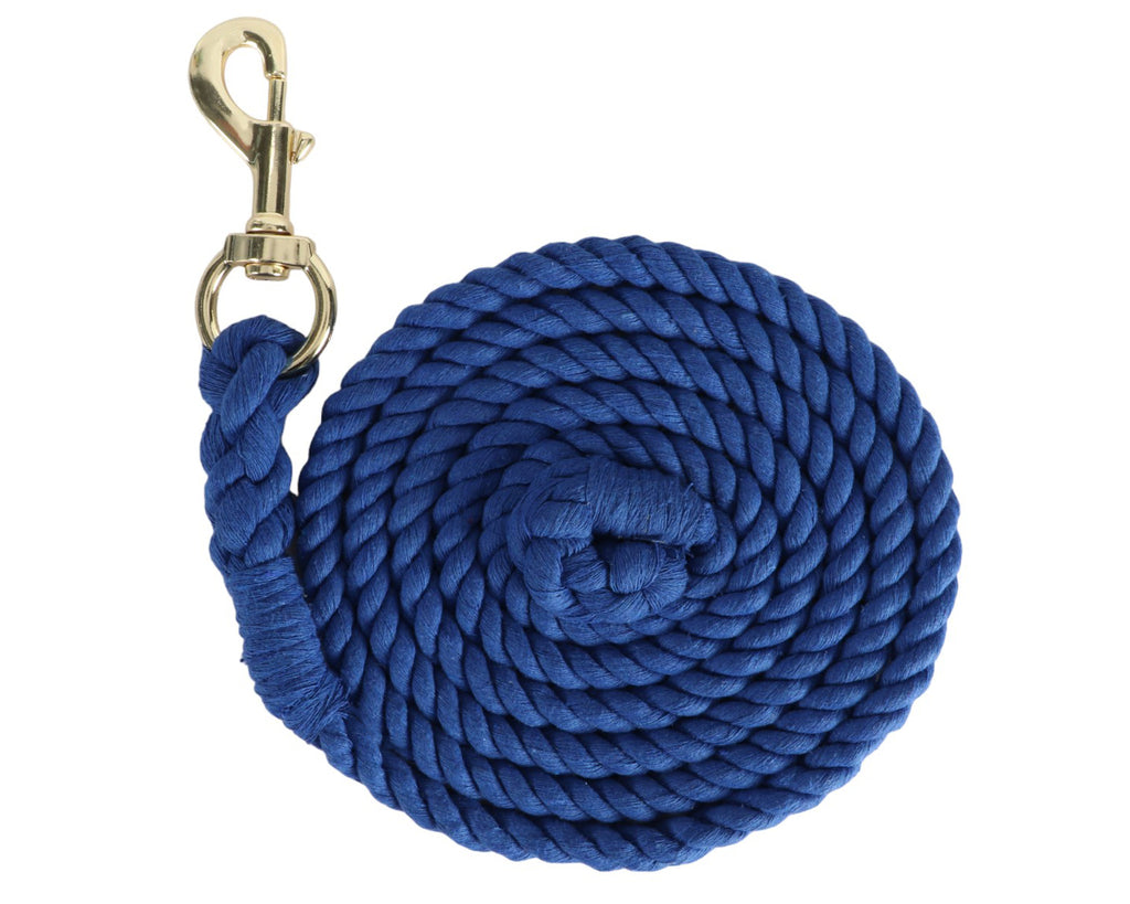  7ft Splice-Knotted Polycotton Lead Ropes with Brass Snaphooks. Essential for leading and controlling horses, these sturdy and durable lead ropes add a pop of brightness to your tack room. Features lightweight swivel brass snaphook, splice-knotted ends, and available in various vibrant colors. Made from classic, durable polycotton, measuring half-inch thick (1.27cm). 