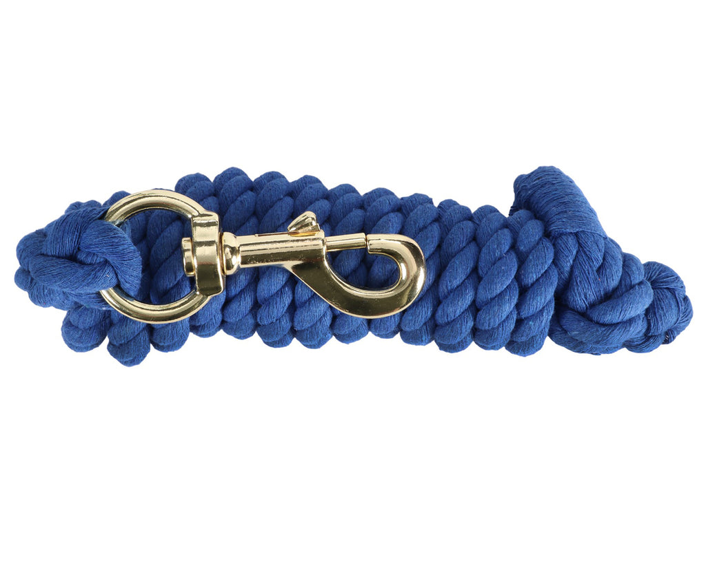  7ft Splice-Knotted Polycotton Lead Ropes with Brass Snaphooks. Essential for leading and controlling horses, these sturdy and durable lead ropes add a pop of brightness to your tack room. Features lightweight swivel brass snaphook, splice-knotted ends, and available in various vibrant colors. Made from classic, durable polycotton, measuring half-inch thick (1.27cm). 