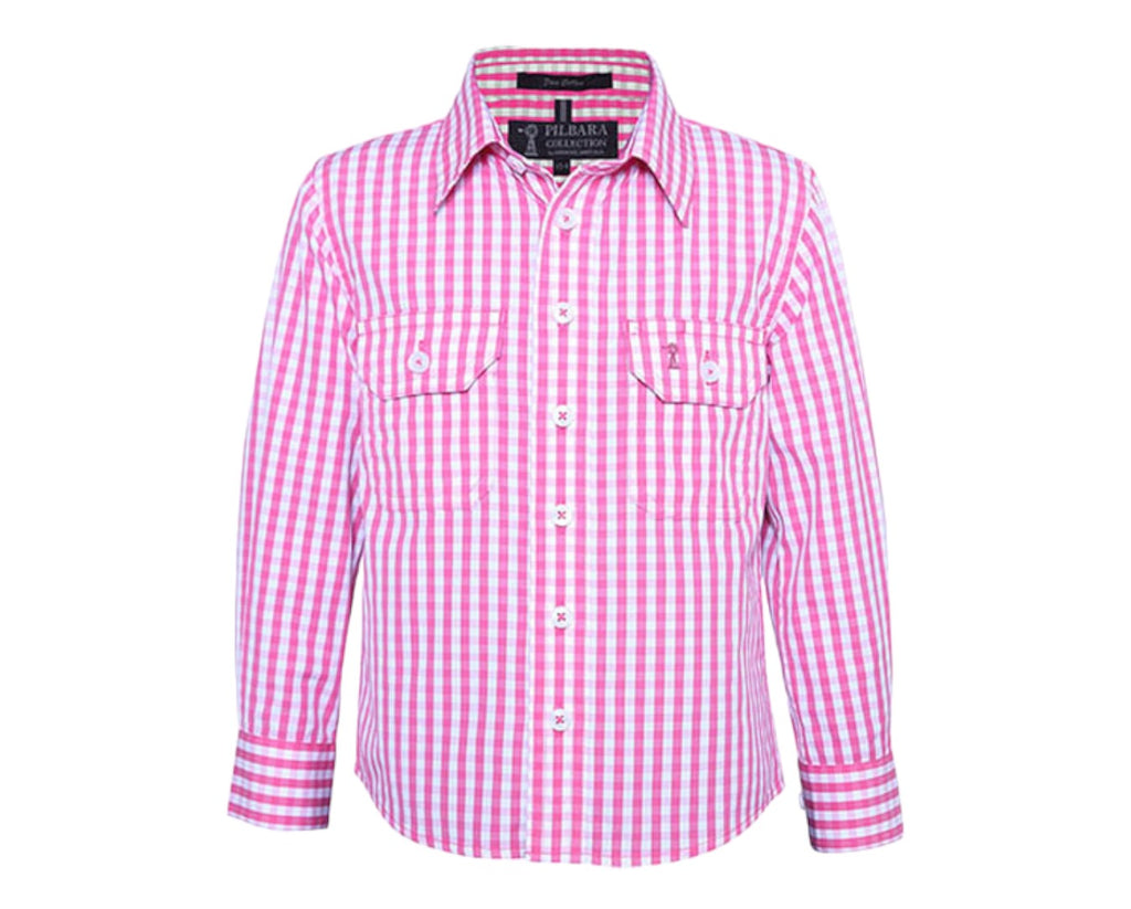 Ritemate Kids Pilbara Checked Long Sleeve Shirt in Pink check with premium quality mercerized, double pre-shrunk, 100% cotton twill perfect for any child's wardrobe