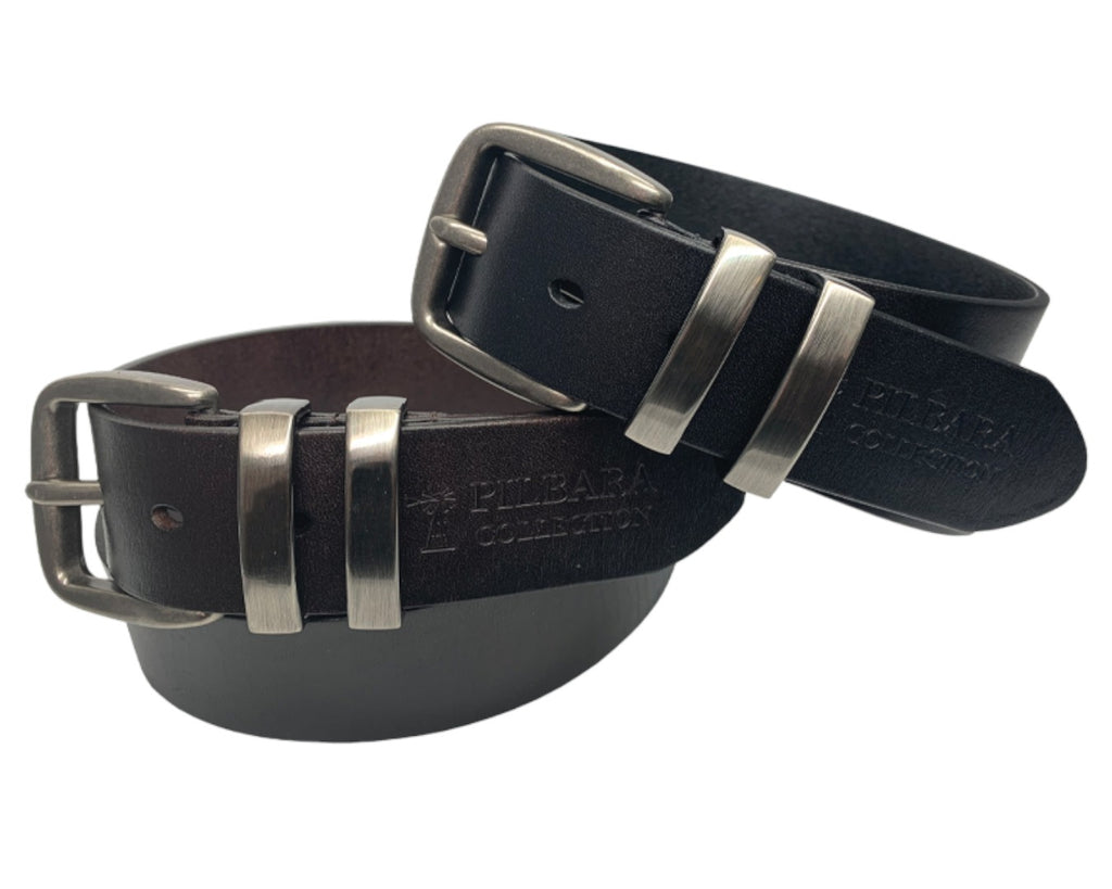 Ritemate Pilbara Leather Belt with 1 1/2" genuine solid cow hide strap and metal three piece buckle & loops designed for comfort and style