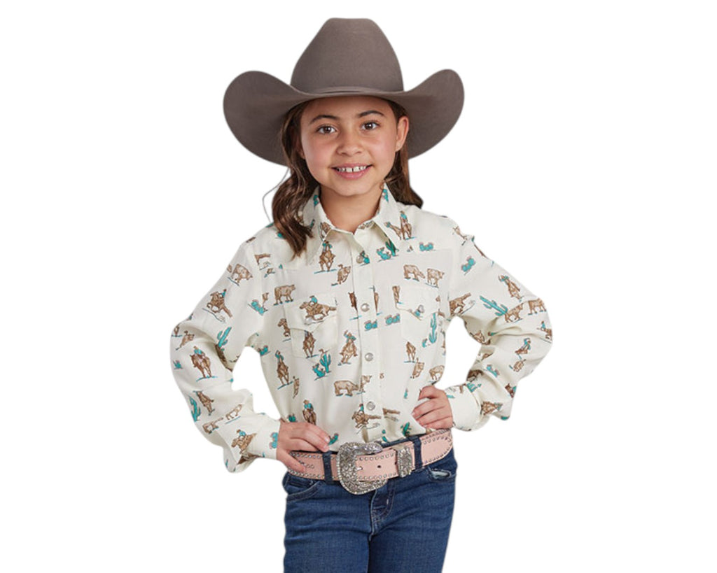Roper Girls Five Star Print LS Shirt - White