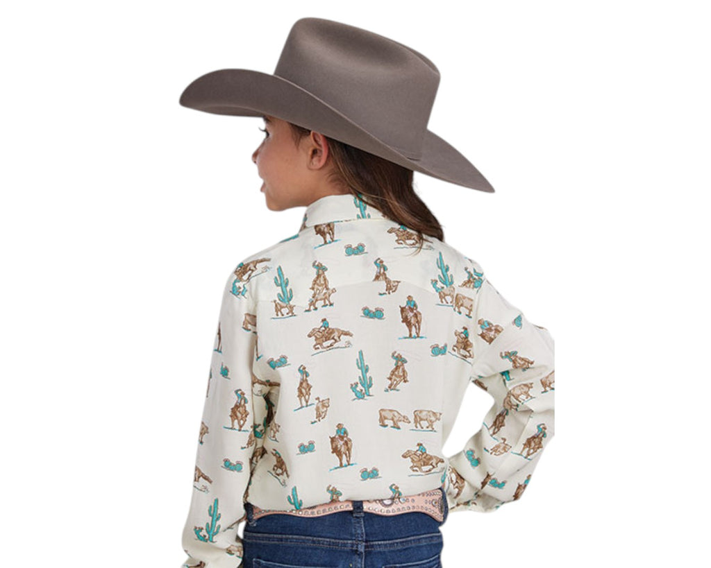 Roper Girls Five Star Print LS Shirt - White