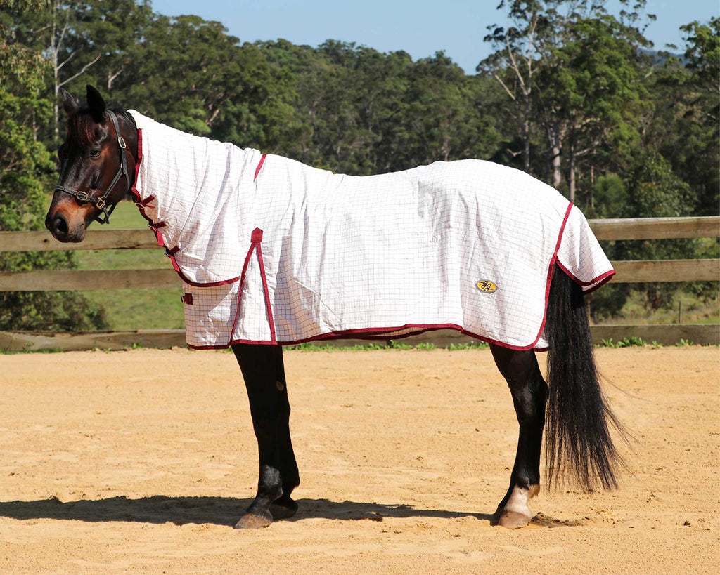 Kool Master Tear-Stop Horse Rug Combo in White with Maroon binding & trim