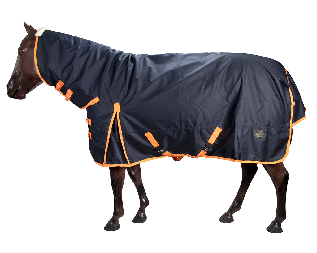 A Conrad Horse Rug Combo featuring a robust 1200 Denier ripstop material with a waterproof ripstop nylon outer, seamless back, and 200 grams polyfill insulation. The combo includes adjustable features such as chest straps, shoulder gusset, double crossover belly surcingles, removable leg straps, and double buckle up straps on the neck rug. The rug combo offers excellent comfort and protection with its durable construction, fleece at the poll, and large tail flap.