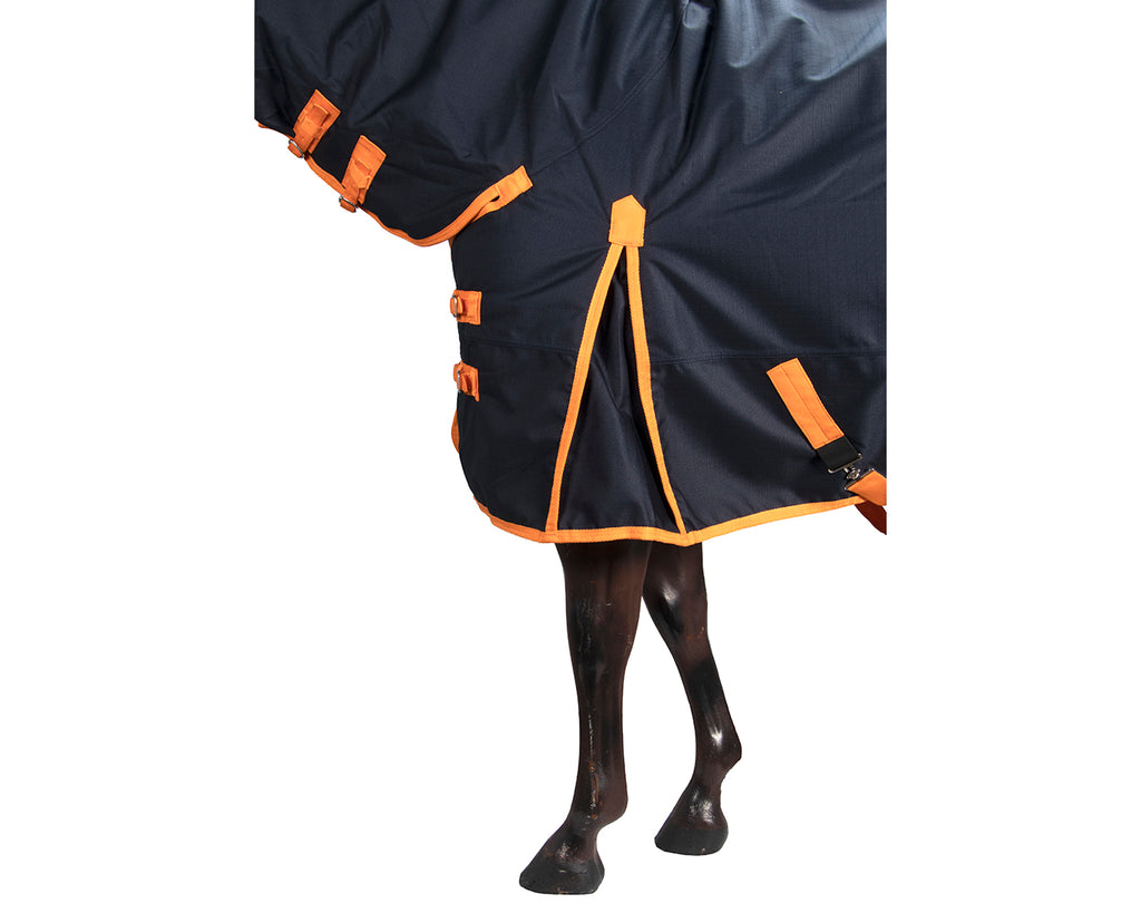 A Conrad Horse Rug Combo featuring a robust 1200 Denier ripstop material with a waterproof ripstop nylon outer, seamless back, and 200 grams polyfill insulation. The combo includes adjustable features such as chest straps, shoulder gusset, double crossover belly surcingles, removable leg straps, and double buckle up straps on the neck rug. The rug combo offers excellent comfort and protection with its durable construction, fleece at the poll, and large tail flap.