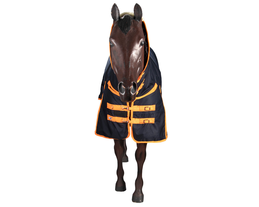 A Conrad Horse Rug Combo featuring a robust 1200 Denier ripstop material with a waterproof ripstop nylon outer, seamless back, and 200 grams polyfill insulation. The combo includes adjustable features such as chest straps, shoulder gusset, double crossover belly surcingles, removable leg straps, and double buckle up straps on the neck rug. The rug combo offers excellent comfort and protection with its durable construction, fleece at the poll, and large tail flap.