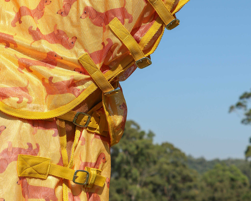Bobby Fly Mesh Printed Combo 140GSM - Sausage Dog Print, image showing chest buckles & neck rug fastenings