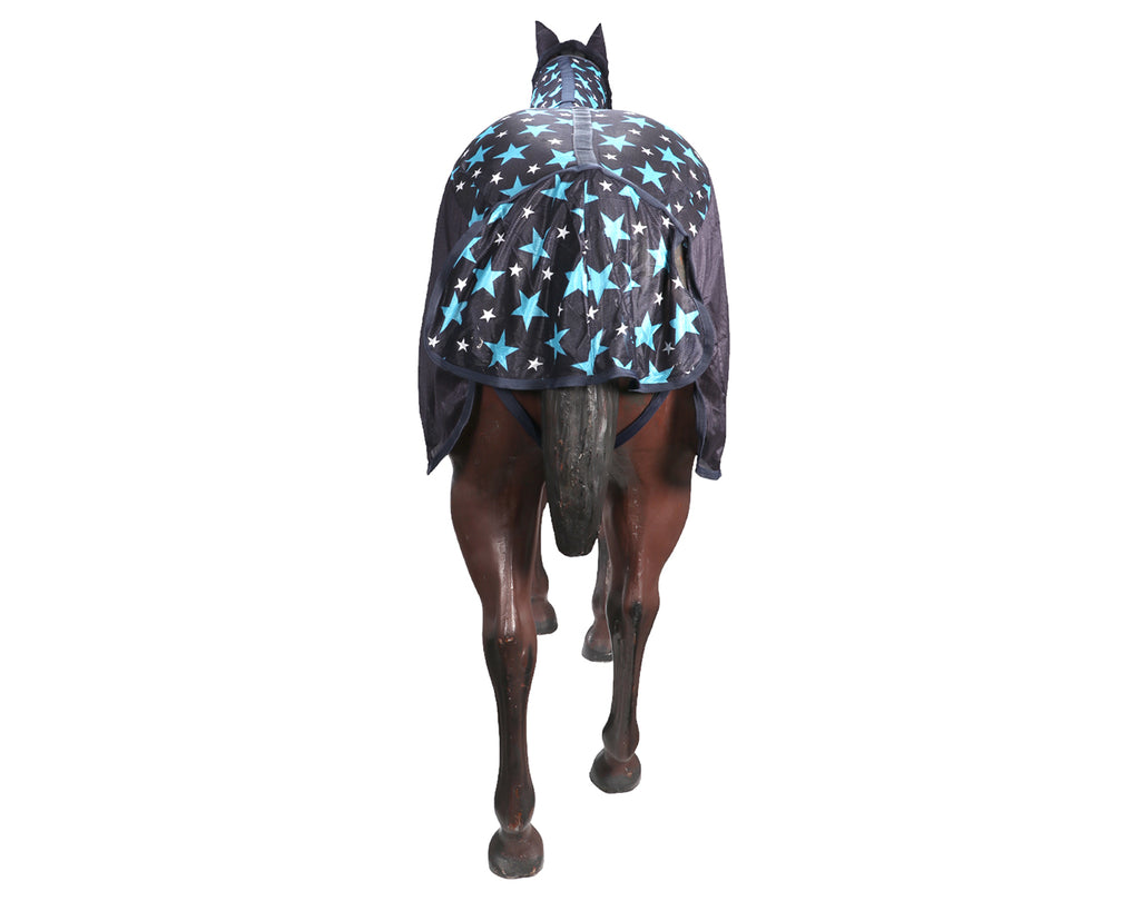 Kool Master Fly Mesh Horse Rug Combo w/Fly Mask showing tail flap- Turquoise/Navy