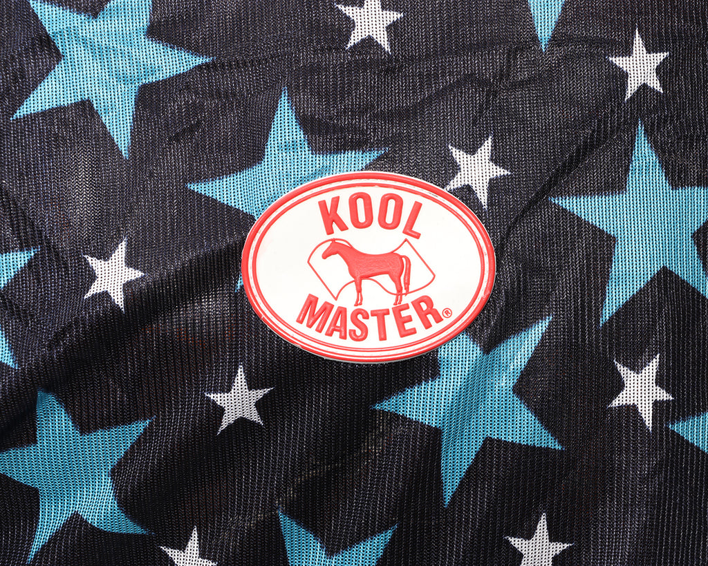 Kool Master Fly Mesh Horse Rug Combo w/Fly Mask showing logo - Navy/Turquoise
