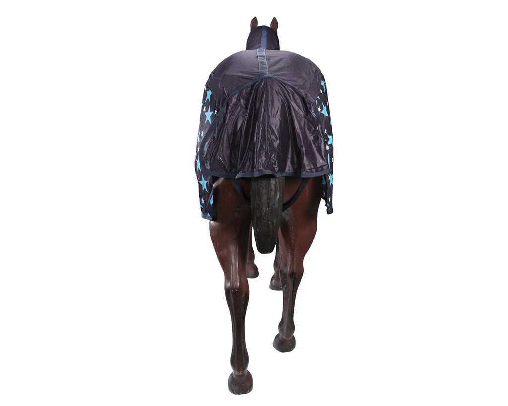 Kool Master Fly Mesh Horse Rug Combo w/Fly Mask showing tail flap - Navy/Turquoise