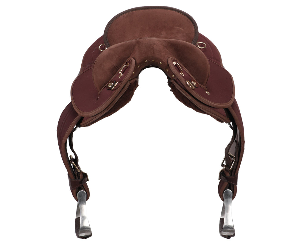 Ord River Synthetic Youth Half Breed Swinging Fender Saddle, brown with 14 1/2 inch suede seat, image shows view from front of saddle