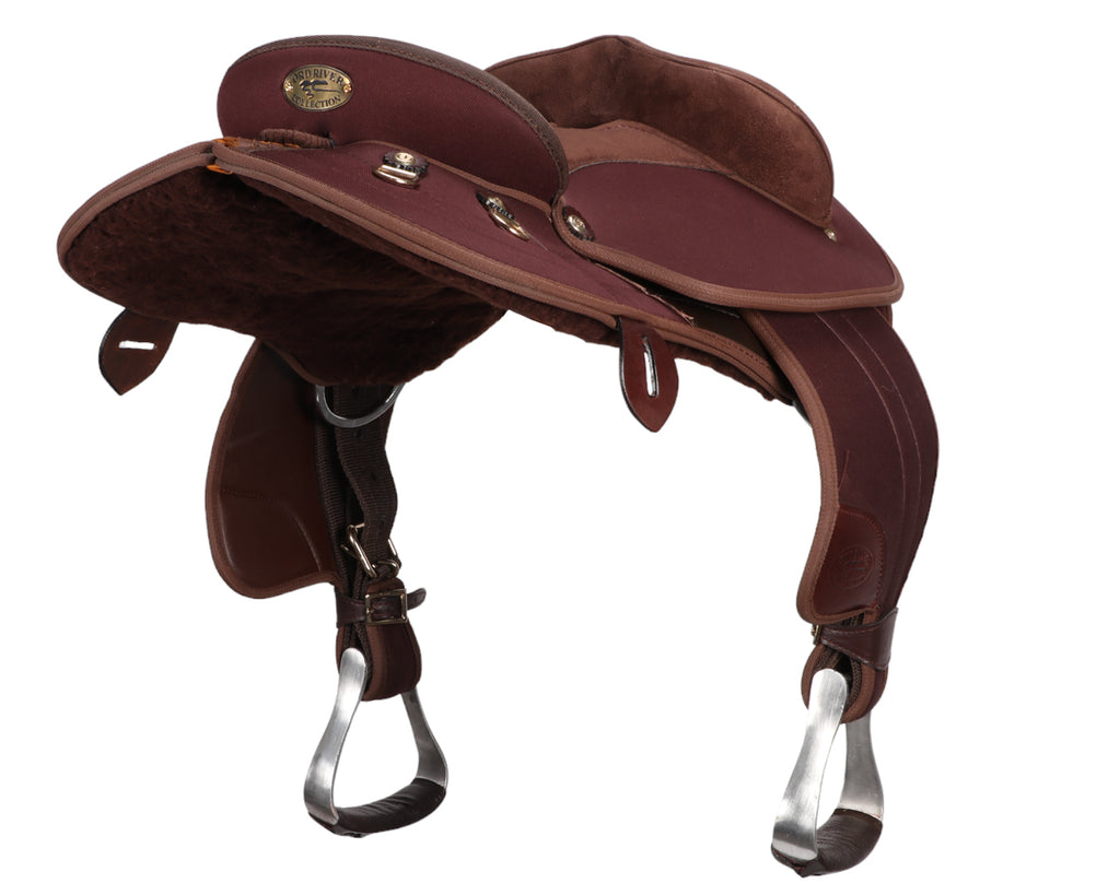 Ord River Synthetic Youth Half Breed Stock Saddle in brown colour with a 14.5 inch seat, image showing view from rear of saddle