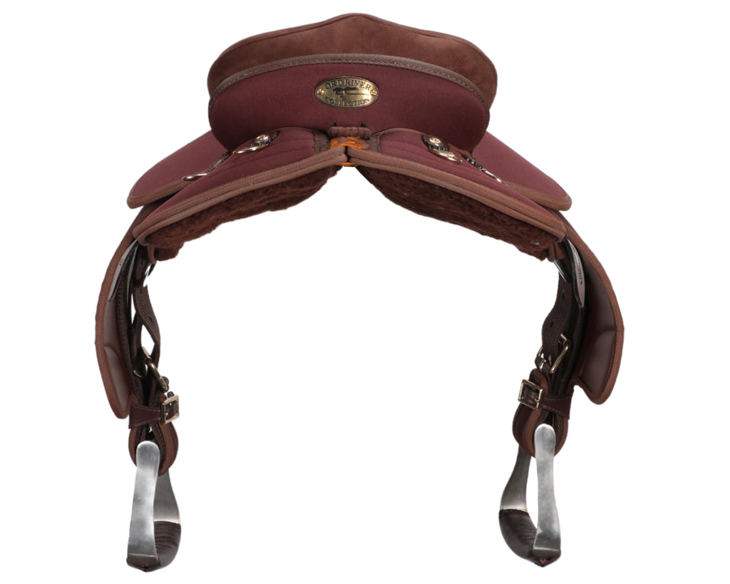 Ord River Synthetic Youth Half Breed Stock Saddle, youth size with 14.5 inch seat, image showing view from back of saddle