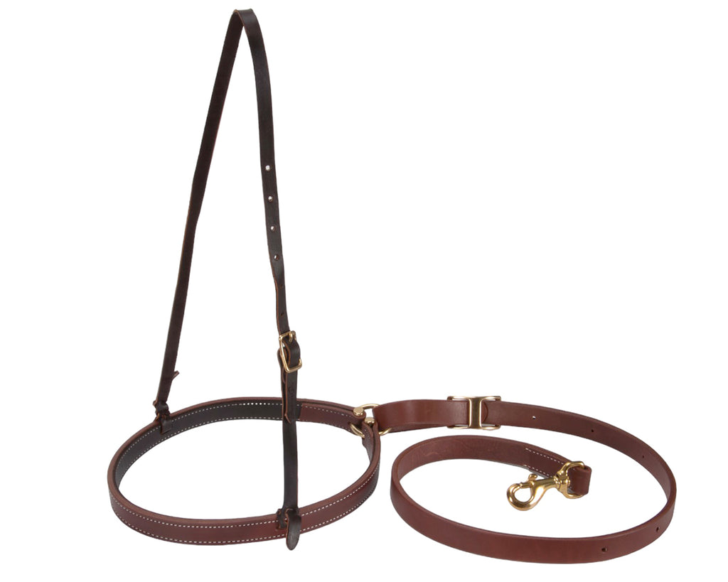 professionals choice ranch collection tiedown set features a 1" lined harness leather noseband with a plaited latigo hanger and a 1" heavy harness tiedown with plenty of adjustment holes.