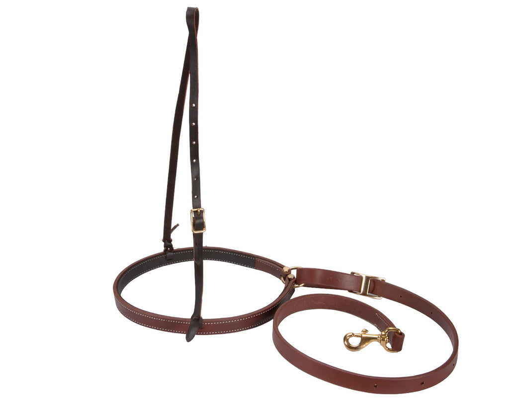 professionals choice ranch collection tiedown set features a 1" lined harness leather noseband with a plaited latigo hanger and a 1" heavy harness tiedown with plenty of adjustment holes.