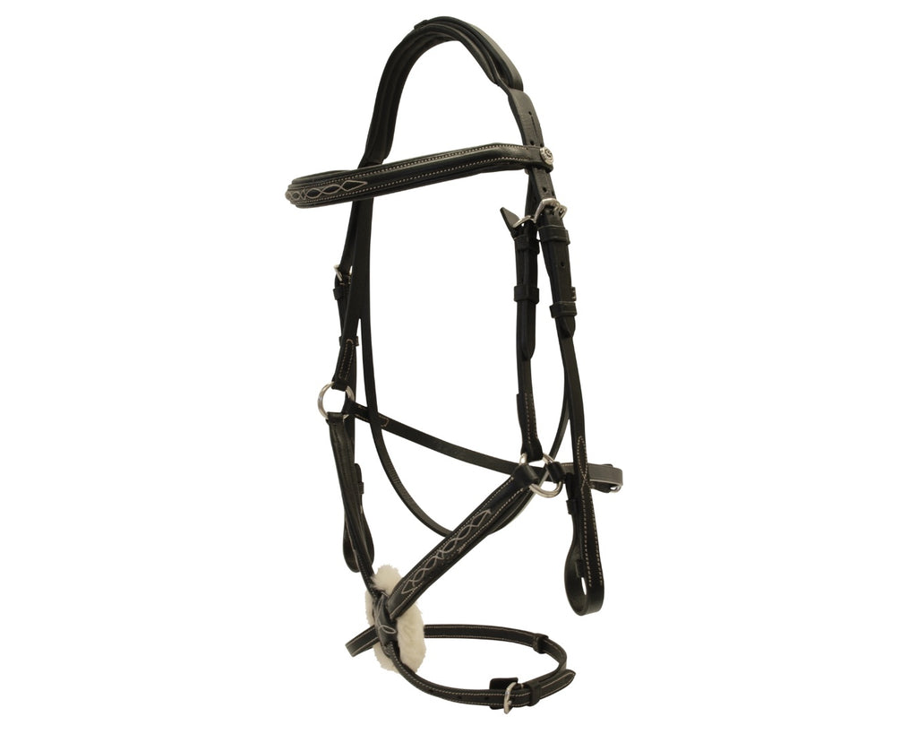 Sterling Figure Eight Bridle with Reins. Fancy stitched, raised and padded browband and noseband. Soft fleece lining on the noseband. Stainless steel hardware. Continental webbing reins.
